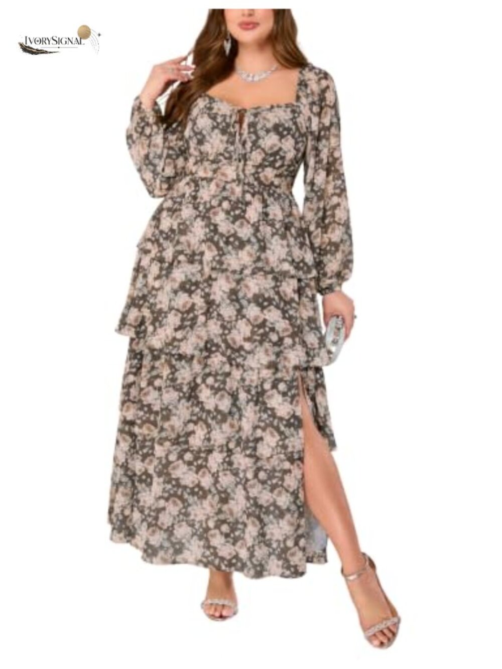 Plus Size Long Sleeve Floral Tiered Maxi Semi Formal Wedding Guest Dress